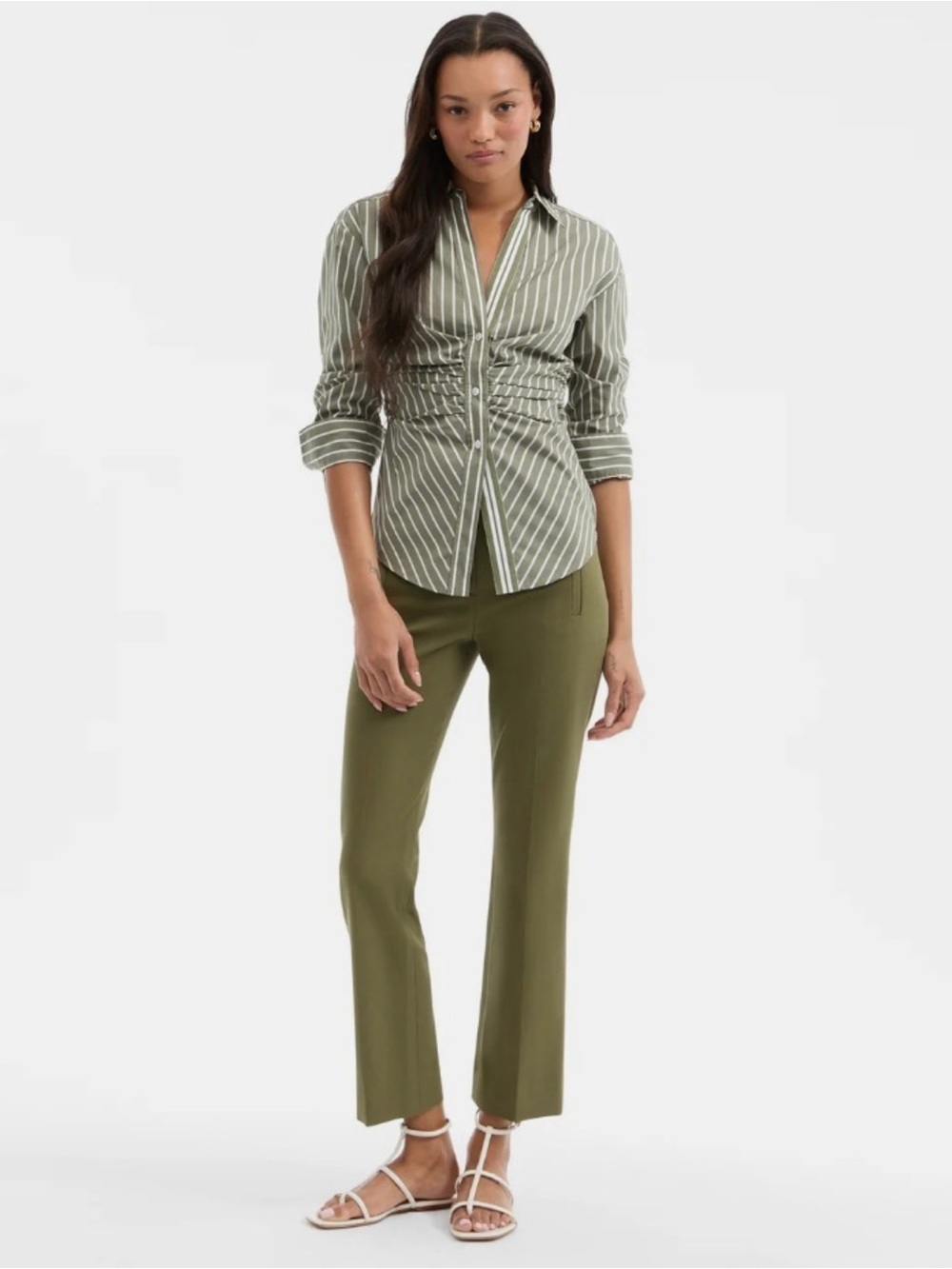 NWT Veronica Beard Devra Blouse Olive and White Striped Ruched Button-Down Shirt
